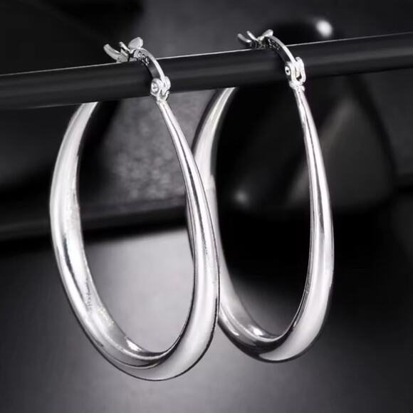Oval Hoop Earrings 925 Sterling Silver 41mm Valentine's Birthday Anniversary - Picture 1 of 7